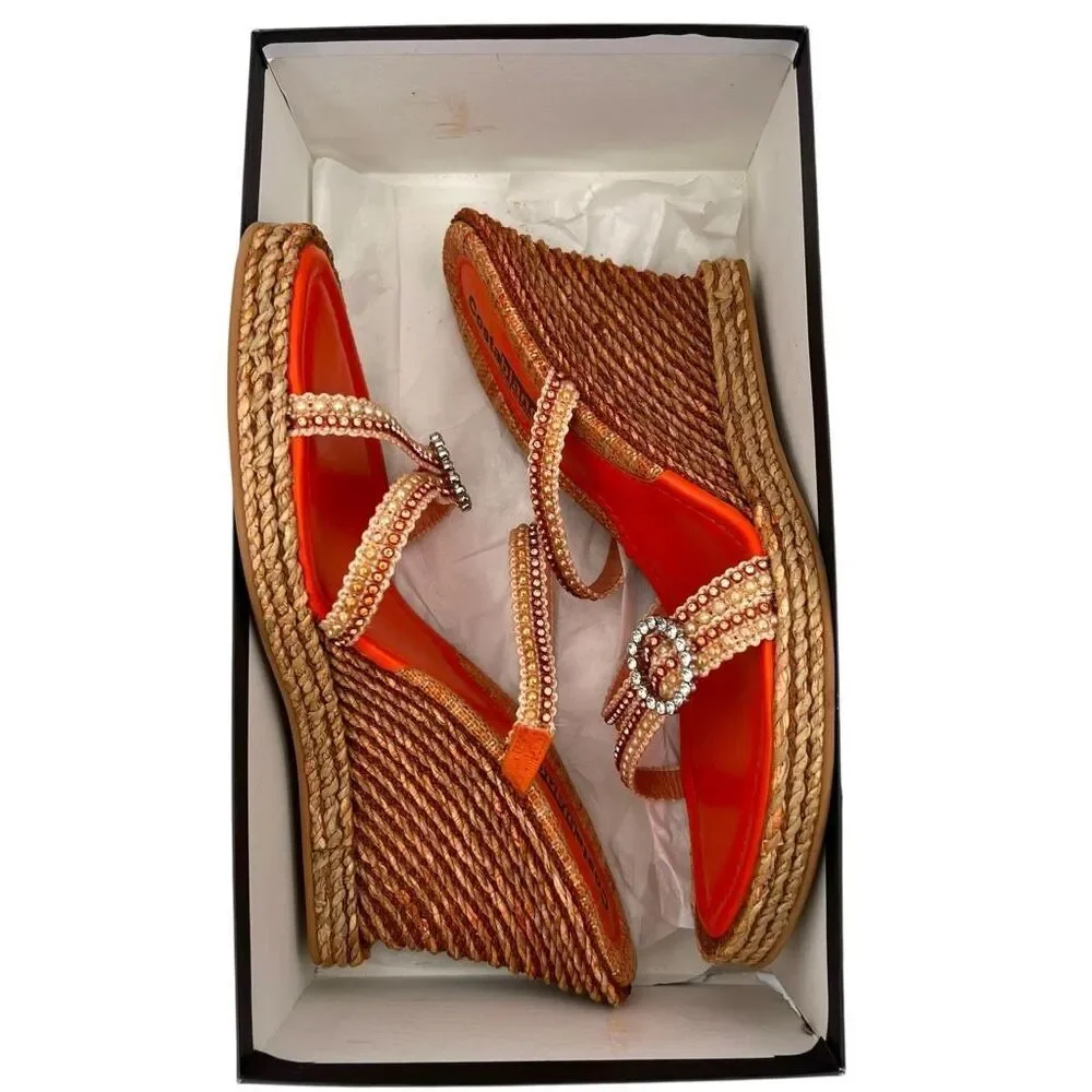 Costablanca Adelia Rhinestone Pearl Espadrille Wedge Heels Orange Size 10 Bling
